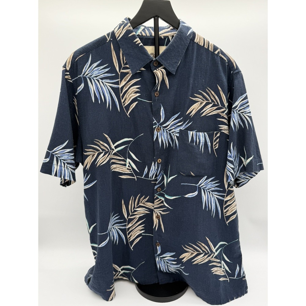 Vintage Silk Hawaiian Shirt Men's XL Blue Linen Rayon Tropical Button Up Beach